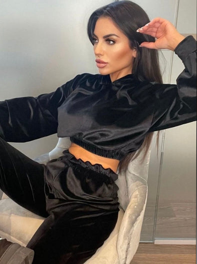 Black Velour Cropped Hoodie & Jogger Lounge Set - Riot Nation 