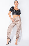 Mocha Satin Tie Pocket Detail Utility Trousers - Riot Nation 