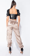 Mocha Satin Tie Pocket Detail Utility Trousers - Riot Nation 